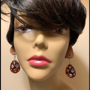 Drop Brown Lucite Diamond Cut Rhinestone Earrings
